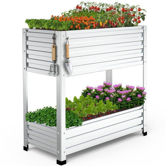 Cybrasc 2-Tier Galvanized Raised Garden Bed with Legs, 36"x16"x36" Metal Elevated Planter Box (12" Top/8" Bottom Depth), 500LB Capacity for Vegetables, Herbs, Leafy Greens, Flowers on Patio Yard