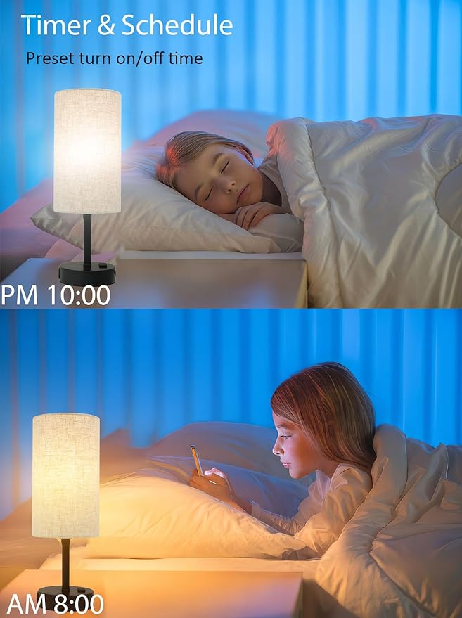 Smart Table Lamp Work with HomeKit, Siri, Alexa, Google Assistant, Smart Beside Nightstand Lamp with AC Outlet & USB A+C Charging Ports, Ambiance Color Changing Bed Table Lamp for Bedroom