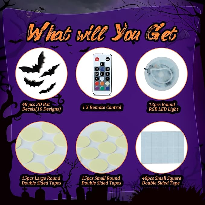 PChero 12 Lights & 48 Bats Halloween Decoration Kit with Remote Timer, Color Changing Light up Bats Wall Decor, 10 Different Size 3D Bat Stickers for Window Wall Living Room Bedroom Party Spooky Decor