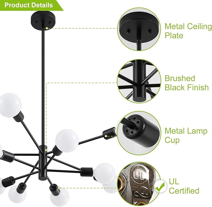 Sputnik Chandelier, Black Modern Chandeliers, Mid Century Ceiling Lighting Fixture for Living Room, Kitchen, Bedroom, Dining Room, Farmhouse (10-Light)