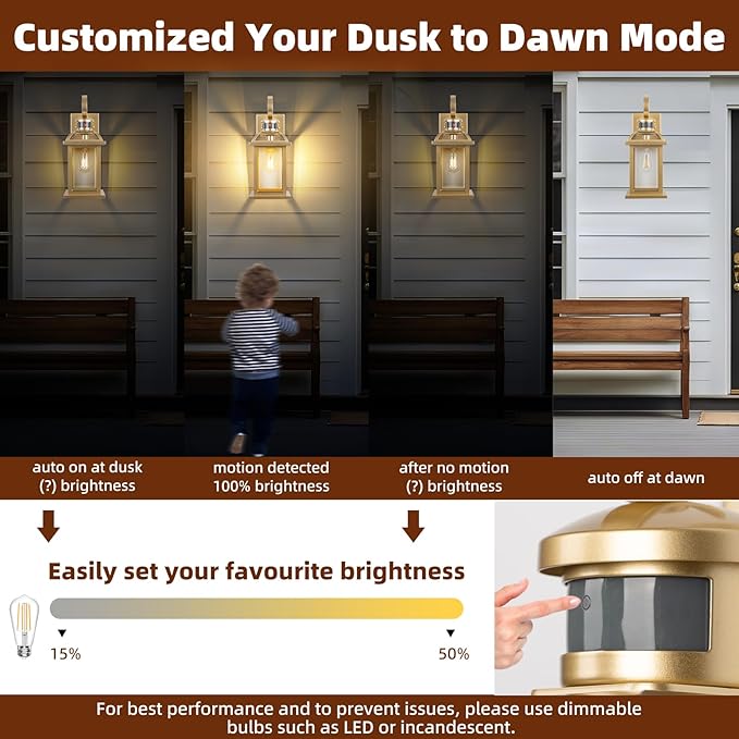 Gold Motion Sensor Outdoor Light Fixtures Dusk to Dawn 2-Pack, 16 Inch Brass Outdoor Wall Sconces Photocell Outside Lights for House Front Porch Lights Carriage Coach Lights Courtyard