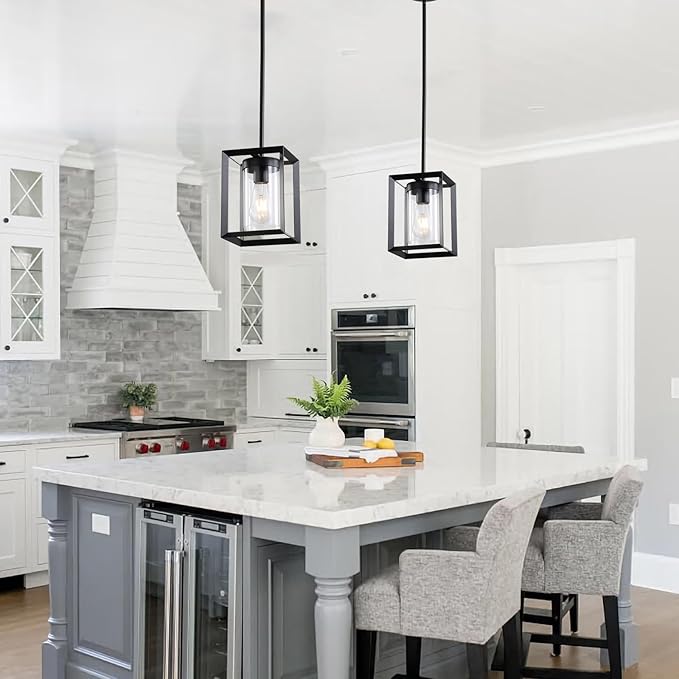 1 Pack Farmhouse Black Kitchen Island Pendant Light Fixture,Height Adjustable Metal Rod Hanging Modern Pendant Lighting with Metal Cage Clear Glass Shade for Entryway Bedroom