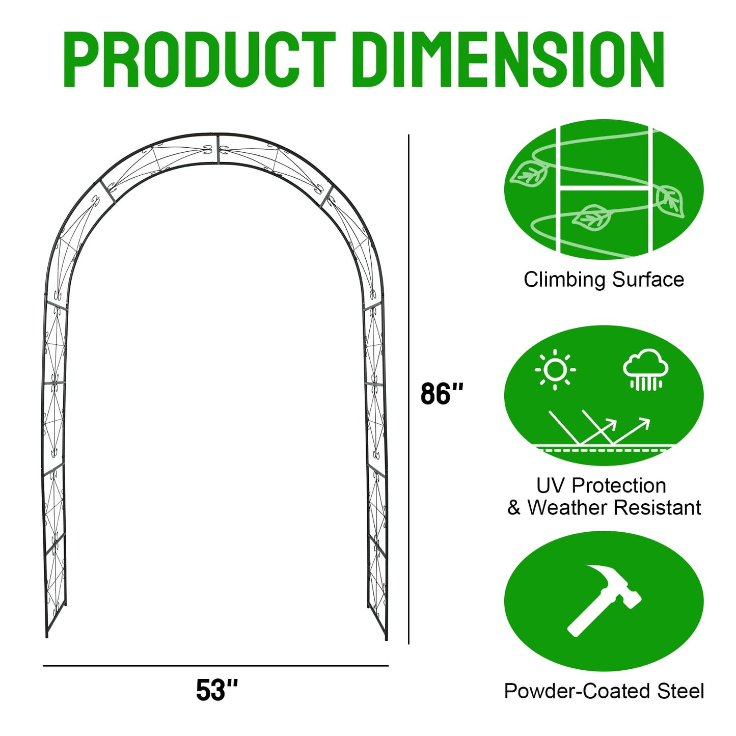 Metal Wide Garden Arch Trellis for Climbing Plants Roses Vines, 53" W x 86" H Wide Garden Archway Arbor Trellis for Lawn Wedding and Bridal Party Decoration