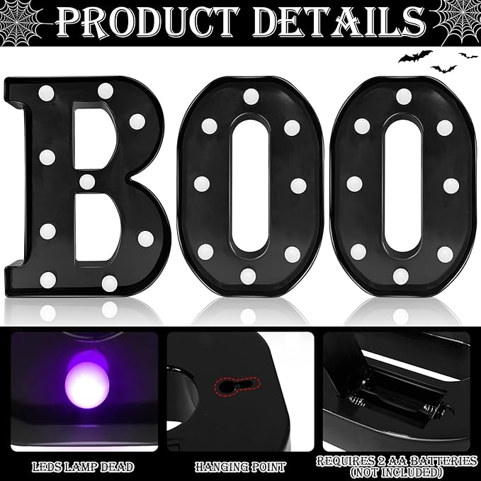 Halloween Decorations Indoor - Boo 3 Pack LED Light Up Hanging Letters Black Boo Signs Light for Indoor Halloween Decor Home Table Party Wall Mantel Fireplace Bedroom, Purple Lights