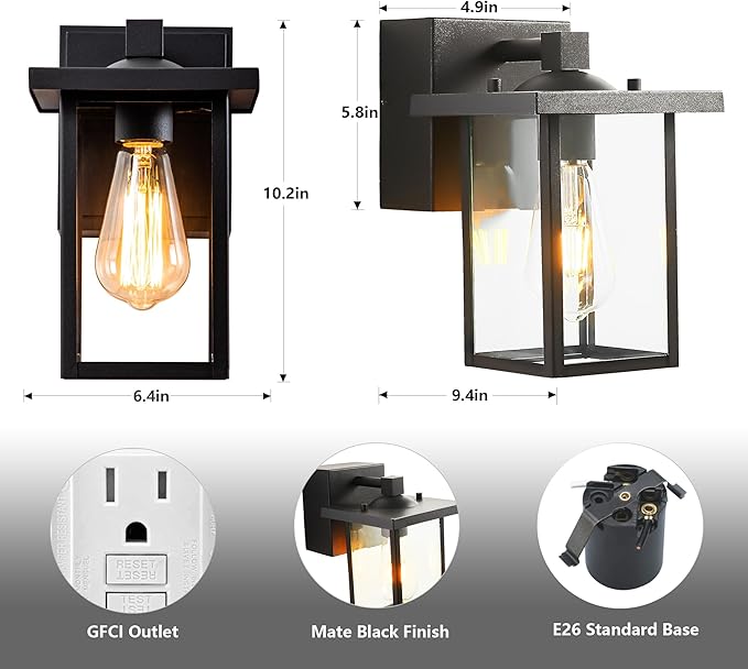 Porch Lights with GFCI Outlet, Black Outdoor Light Wall Mount, Waterproof Exterior Light Fixture with Outlet, Wall Sconce for House, Garage, Patio
