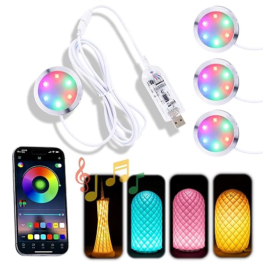 3Pack LED Lamp Kit 001 App Control for Bambu Lab 3D Printing, USB RGB LED Round Light with APP Cluster Control, DIY Lamp Making Kit for Craft Projects, Music Sync, 16M Colors, Memory Function (3)