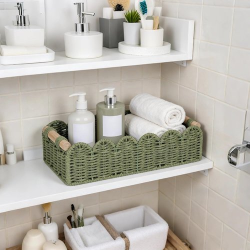 CubesLand Scalloped Edge Decor Baskets - Stylish Storage for Home | Set of 2 Green Paper Rope Baskets