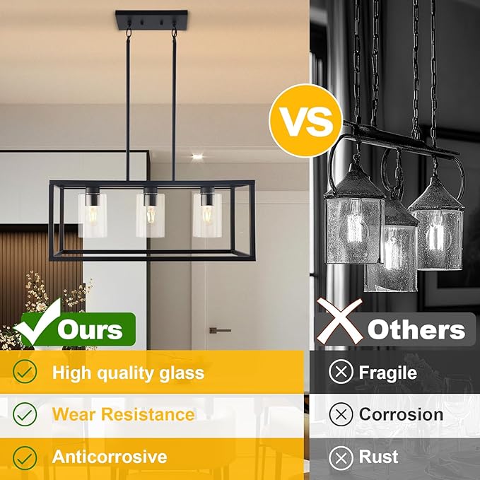 Kalium Chandeliers for Dining Room, 3 Light Dining Room Light Fixture Modern Metal Industrial Kitchen Lighting Fixtures Ceiling Easy Installation Pendant Lights for Bar Restaurant-E26 Socket, Black