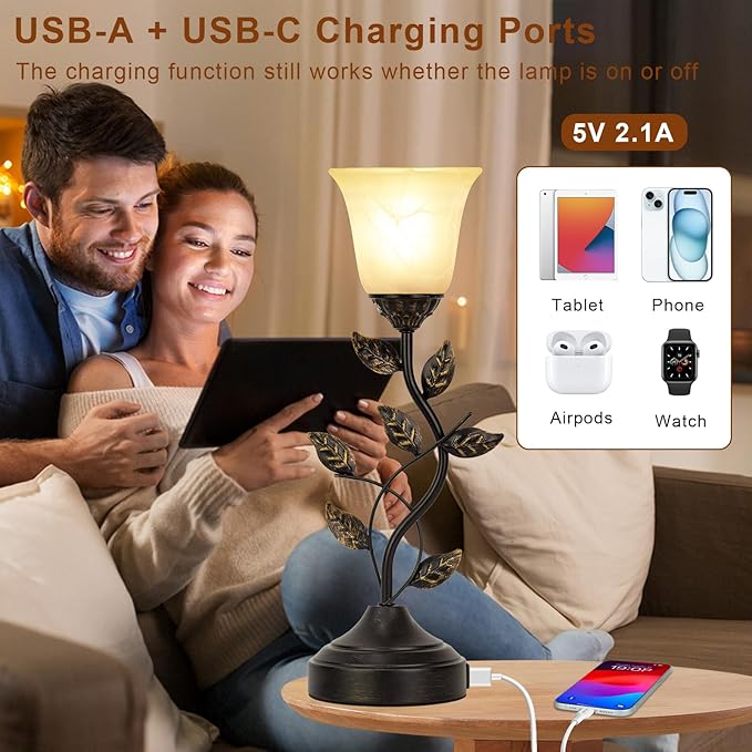 Bedside Lamps Set of 2, 20 Inch Retro Style Table Lamp for Bedroom Touch Control 3-Way Dimmable with USB C+A Charging Ports, Torchiere Lamps for Night Stands Metal Leaf and Glass Shade, Bulbs Included