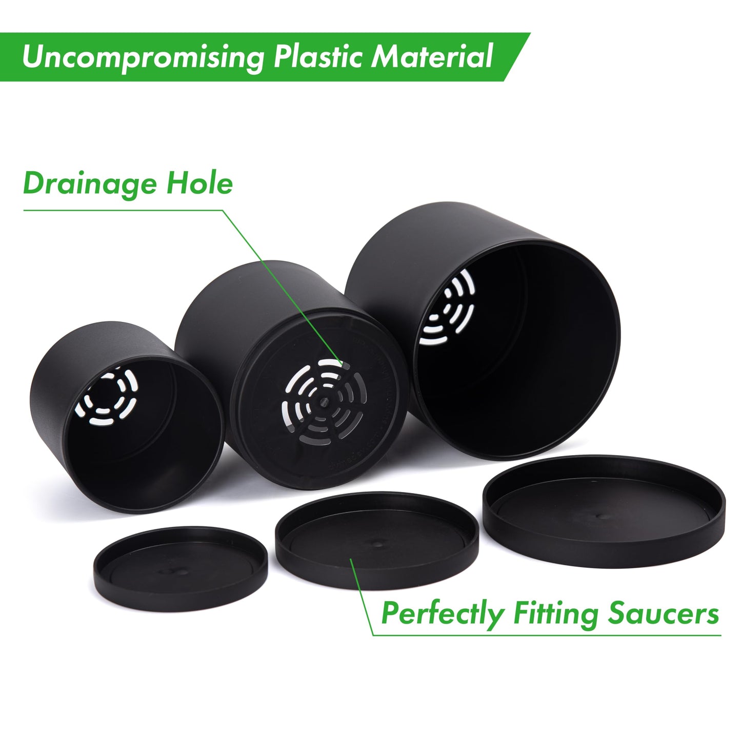 D'vine Dev 4 Inch 5 Inch 6 Inch, Set of 3 Plastic Planter Pots for Plants with Drainage Hole and Seamless Saucers, Black Color, Small, 74-V-B-1