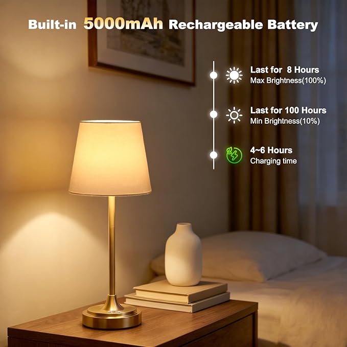 Cordless Table Lamp Rechargeable,5000mAh Battery Operated Desk Lamp,3 Colors & 7 RGB Stepless Dimmable,Touch Control Ambient Light for Bedside,Bedroom,Dining Room,Living Room,Gold,WhiteShade