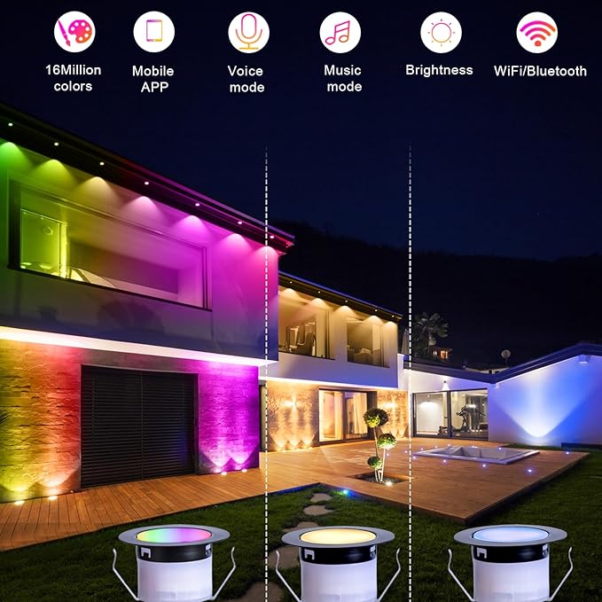 FVTLED Recessed LED Deck Lights Kit, Φ1.77 Low Voltage WiFi Pixel RGBW+IC Deck Lighting Work with Alexa/Google Home, IP67 Waterproof Outdoor Step Lights DC12V for Garden,Steps,Stair(50 Pack, Black)