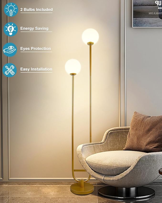 63IN Dimmable Floor Lamp with Shelf, Unique Globe Gold Tall Standing Lamps with 2 Bulbs, 3000K Warmwhite Mid Century Modern Floor Lamp for Living Room/Bedroom