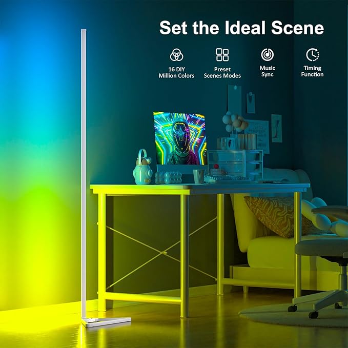 MIHEAL Corner Floor Lamp, 1 Pack LED Corner Lamp with APP and Remote Control, 16 Million DIY Colors & Warm White, Music Sync, Timing Function, Color Changing Ambient Lights for Living Room, Bedroom
