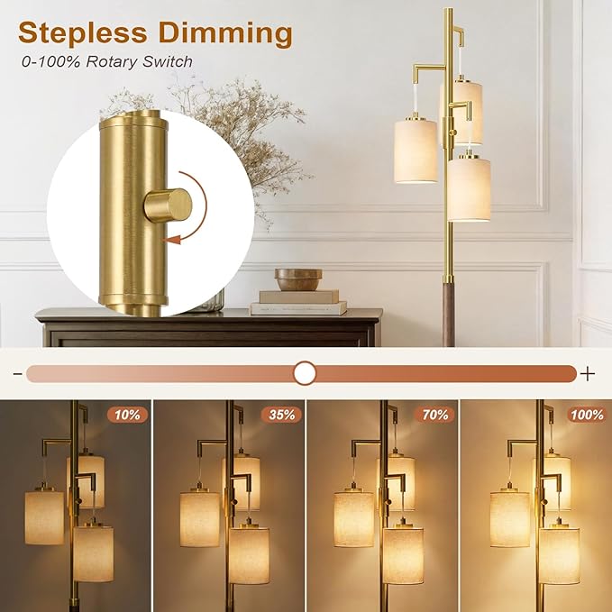 70" Dimmable Floor Lamp Wood Floor Lamps for Living Room Bedroom Mid Century Modern Floor Lamp Gold Standing Lamp Tall Lamps for Office Nursery Reading Elegant Stand Up Lamp, 3 Bulbs Included