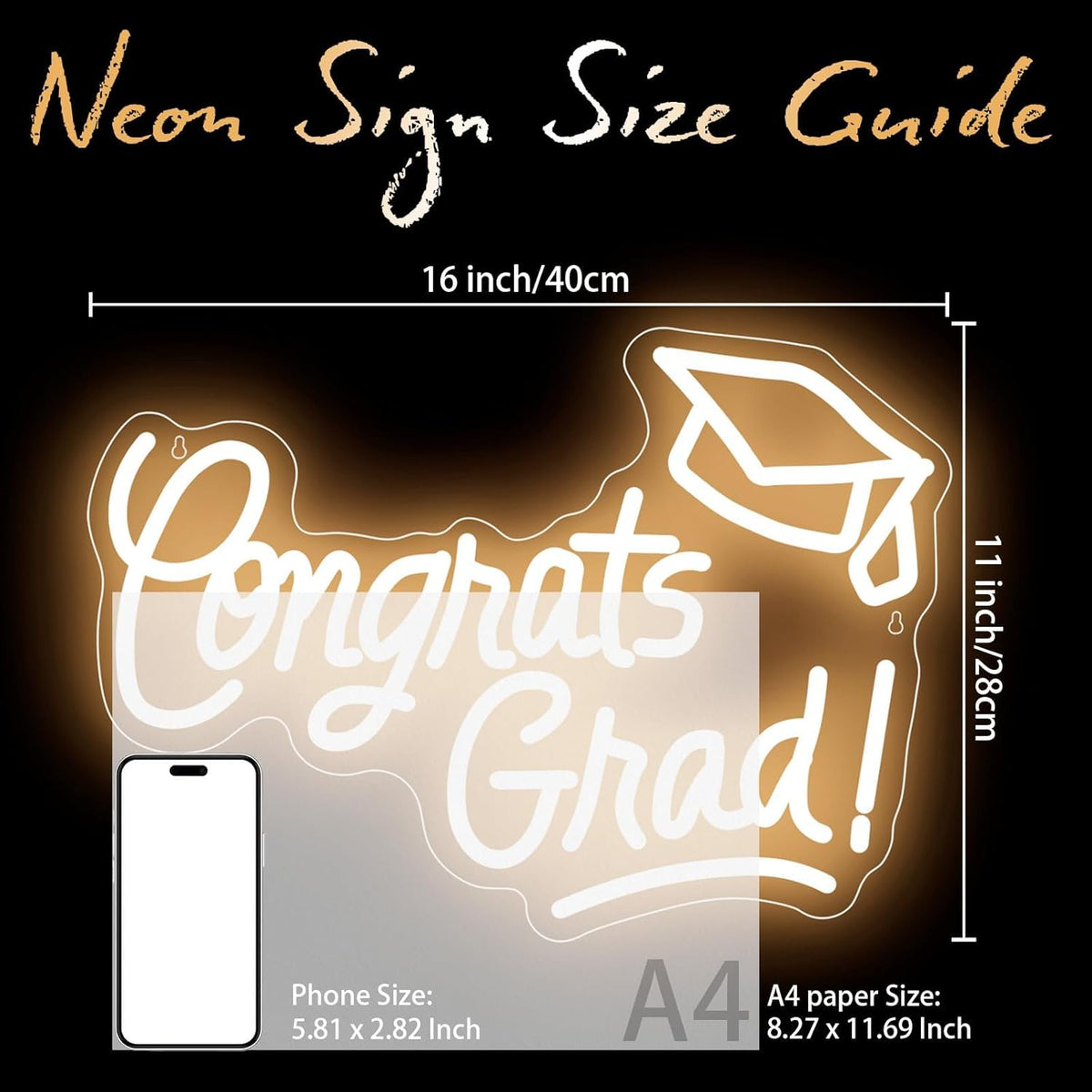 Skiennix Congrats Grad Neon Sign - Warm White LED Graduation Cap Light | 16x11 Inches for Class of 2026 Celebrations