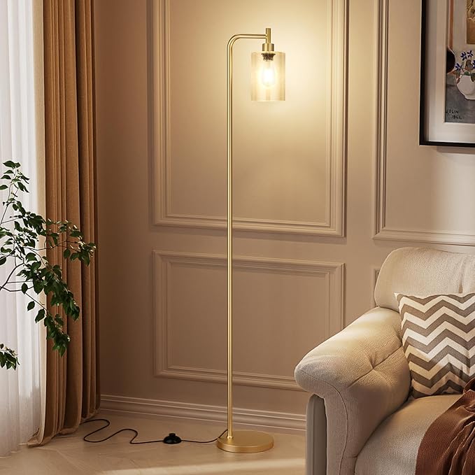 Floor Lamps for Living Room - Standing Lamp with Seeded Glass Shade, Modern Gold Floor Lamp with LED Bulbs, Bright Industrial Floor Lamp for Bedroom, Tall Lamp for Office - Gold