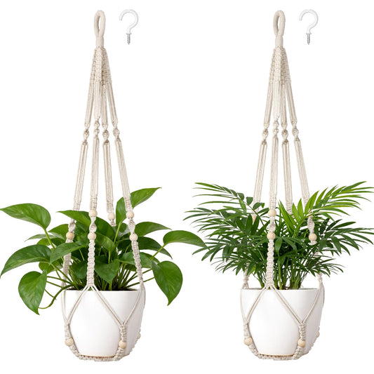Dahey Macrame Plant Hanger Set of 2 Indoor Outdoor Hanging Planter with Wood Beads Decorative and 2 Hooks Flower Pot Plant Holder No Tassels for Boho Home Decor, 35 Inch, Ivory(Pots Not Included)