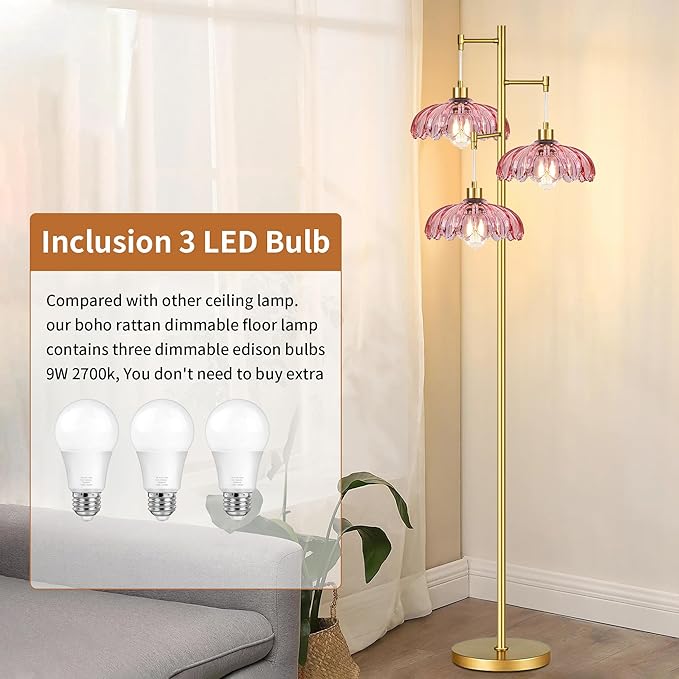 Vintage Floor Lamps for Living Room Bedroom-3 Light Glass Floor Lamp with Three Led Bulb, Tall Flower Floor Lamp Gold Mid Century Modern Standing Lamp Tree Floor Lamps for Living Room Bedroom Corner
