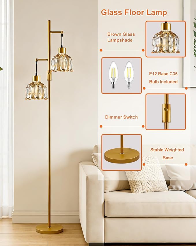 2-Light Gold Floor Lamp for Living Room, 65IN Tall Standing Lamps Dimmable with Brown Glass Lampshade, 3000K Warmwhite Mid Century Modern Floor Lamp for Bedroom/Office/Corner/Sofa Beside