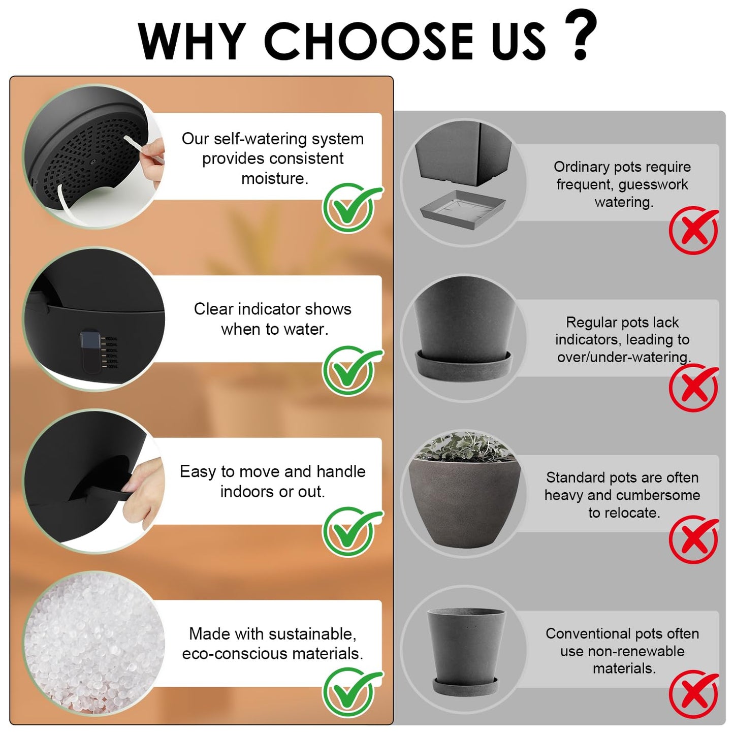 QRRICA Self-Watering Plant Pots with Water Level Indicator, Drainage Holes & Saucers – 12/10/9 Inch Large Plastic Planter Set for Indoor & Outdoor Plants (Pure Black)