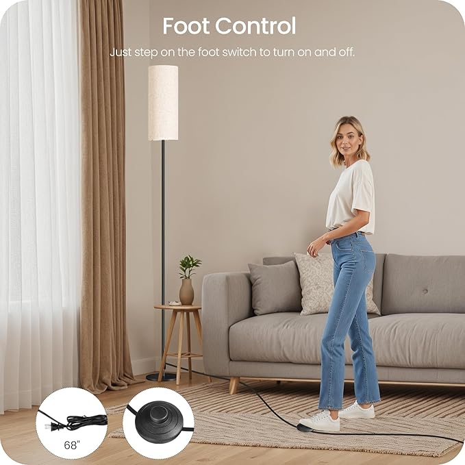 64.4” Dimmable Floor Lamp for Living Room with Remote and Foot Switch, Modern Standing Tall Lamp, Corner Floor Lamp for Bedroom, 10W 900LM LED Bulb Included, 3000K-6500K, Beige, FCC Listed E06LD05W1
