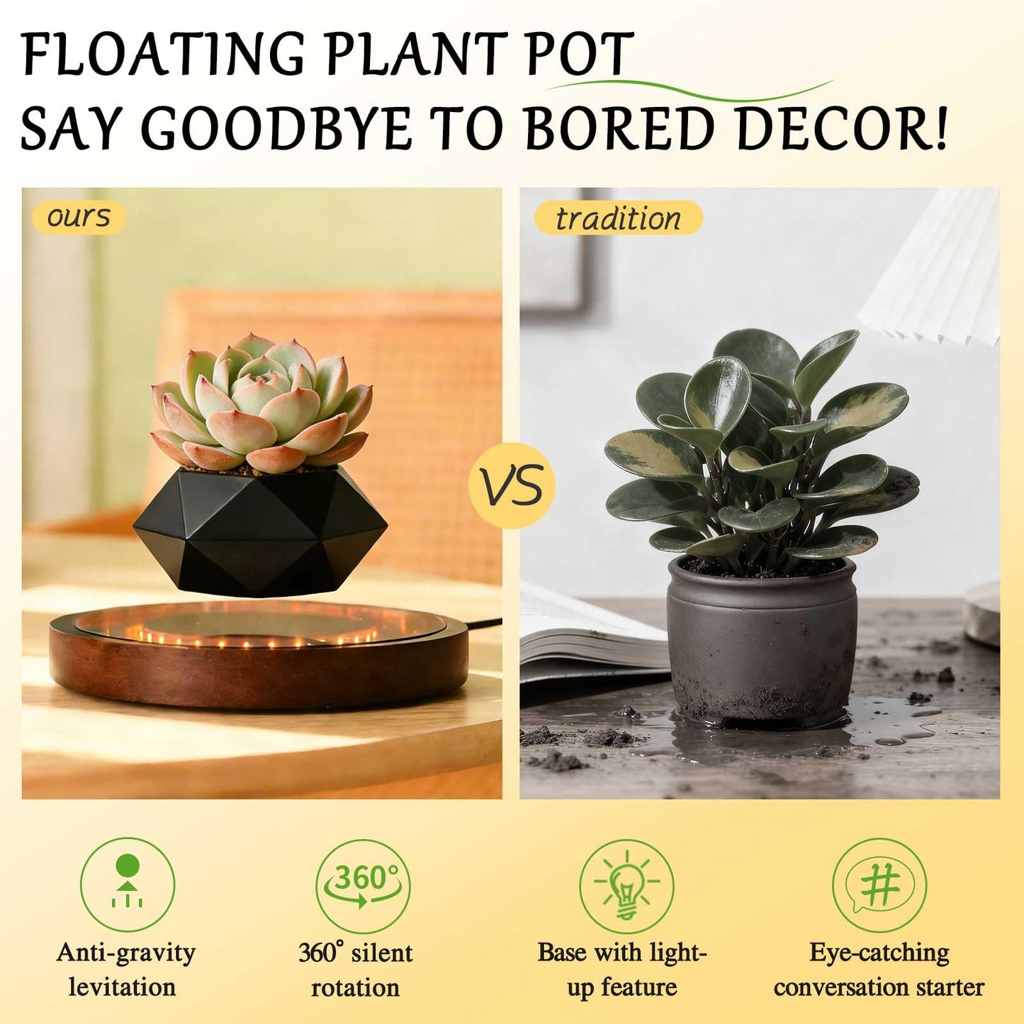 CENTRALEV Magnetic Levitating Plant Pot,Rotating Floating Planter for Succulents Air Plants,Unique Desk Decor with LED Light for Home Office, for Christmas, Valentine‘s Day, Mother’s Day