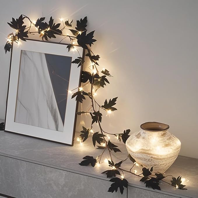 Hairui Lighted Black Maple Garland with Timer 48 LED Orange and Warm White Fairy Lights, Halloween Garland with Lights 6FT Battery Operated with 10 Functions for Fireplace Table Halloween Decoration