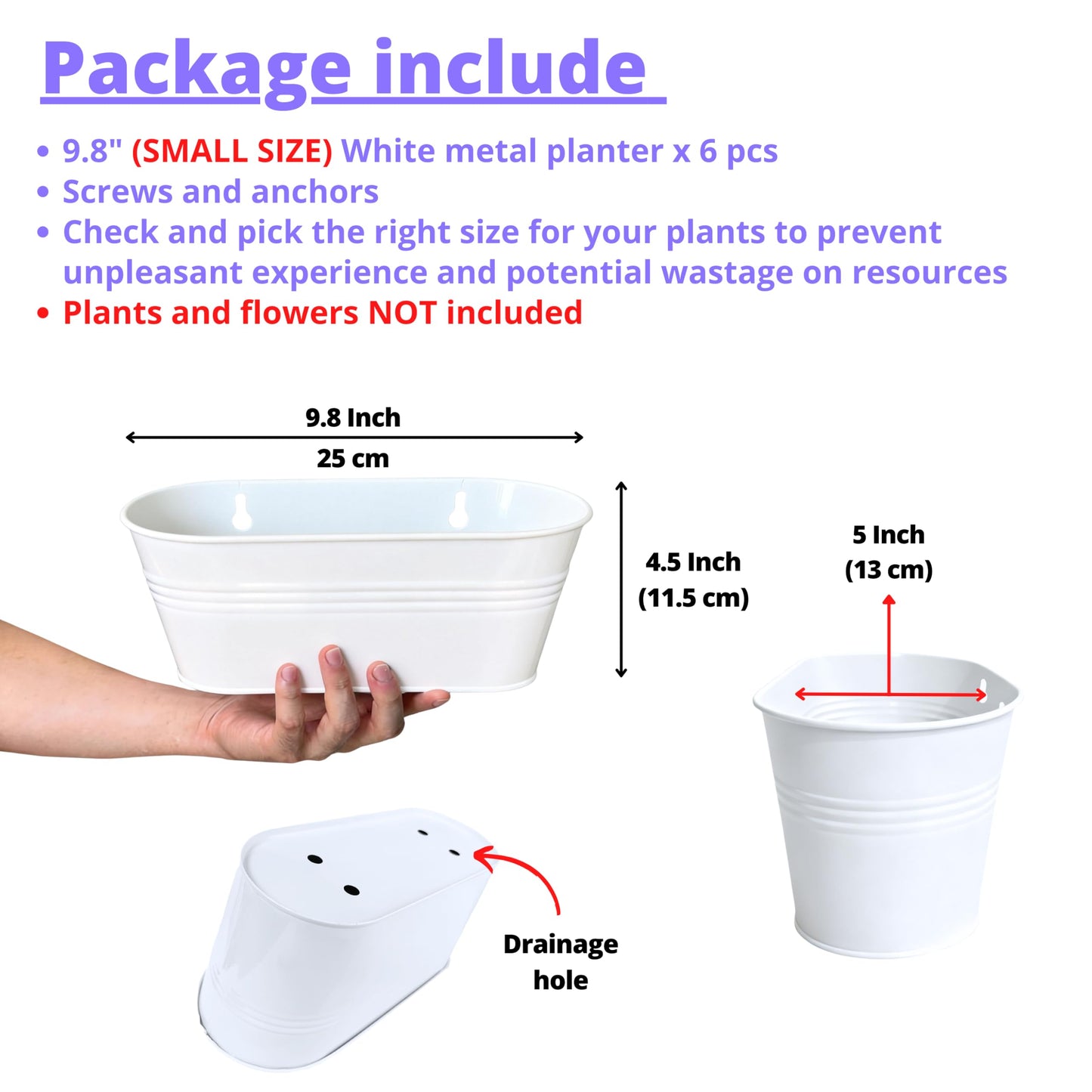 LaLaGreen Wall Planter (9.8 Inch, 6 Pack) White Oval Metal Pot Hanging Decor Flower Railing Fence Pots Mounted Indoor Plant Holder Porch Decorations Drainage Garden Plants Planters Balcony Home Yard