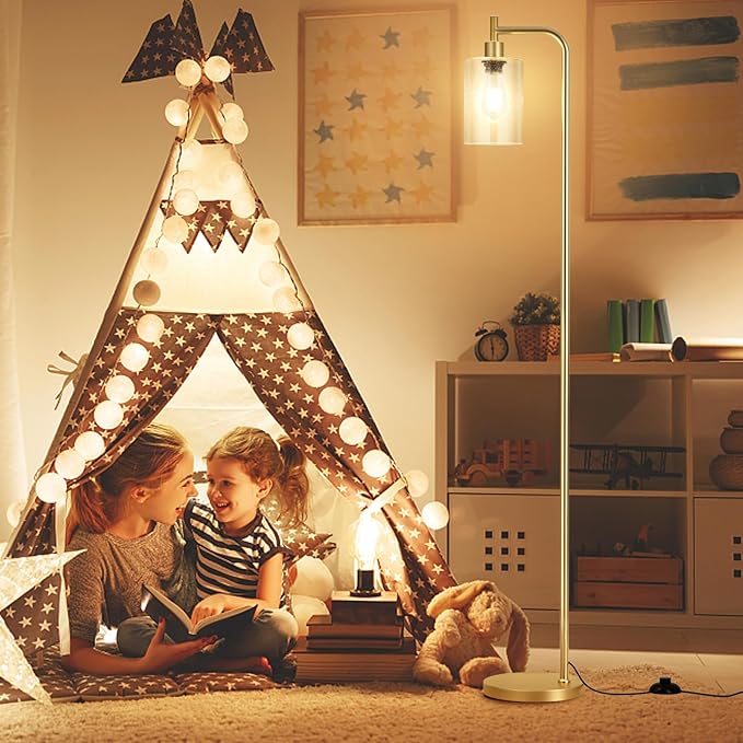 Floor Lamps for Living Room - Standing Lamp with Seeded Glass Shade, Modern Gold Floor Lamp with LED Bulbs, Bright Industrial Floor Lamp for Bedroom, Tall Lamp for Office - Gold