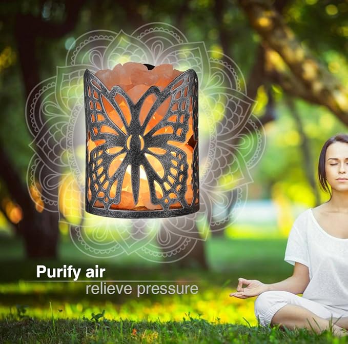 Himalayan Salt Lamp,Natural Wall Light Salt Lamp with 1 Bulbs,Rocks Salt Night Light with Butterfly Metal Basket Gift（Fade-Change）