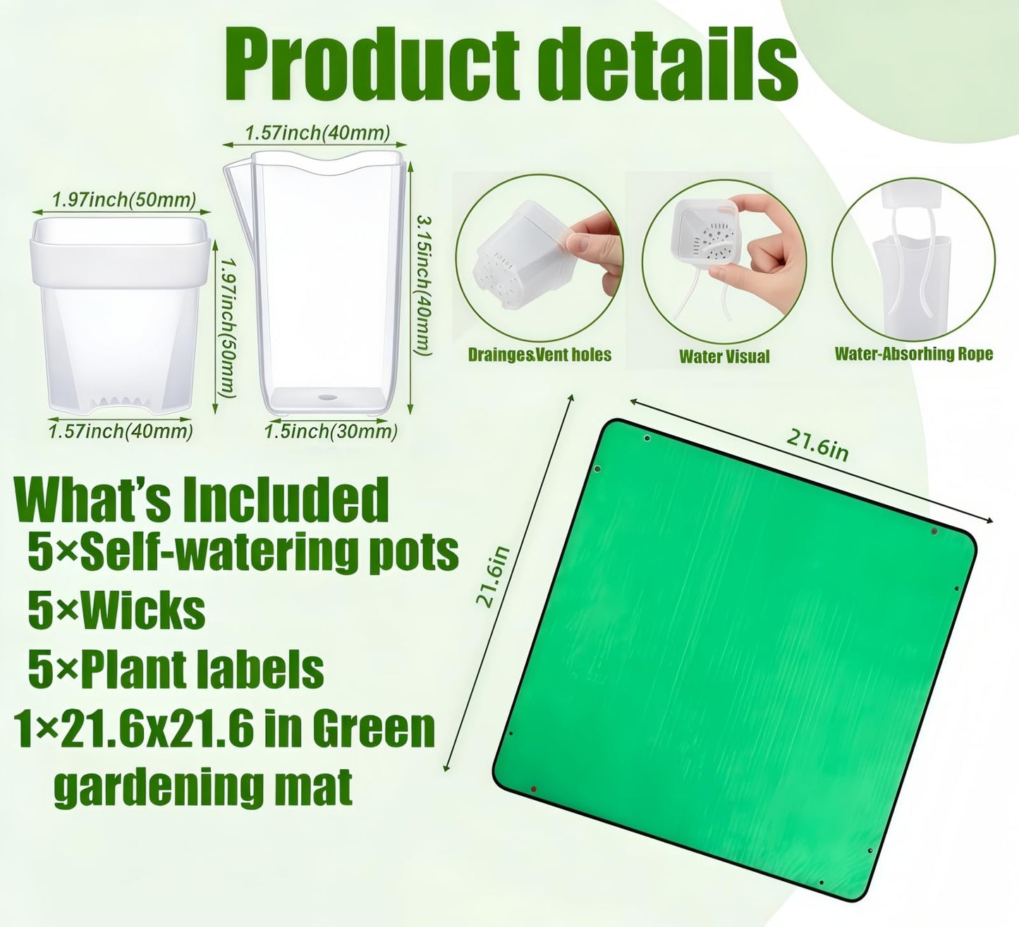 5 Pack 2" Mini Self Watering Pots for Indoor Plants, Small Self Watering Nursery Pots with Drainage Holes, Clear Plastic Plant Pots for Succulents, Cuttings, Herbs (Incl. 50x50cm Gardening Mat)