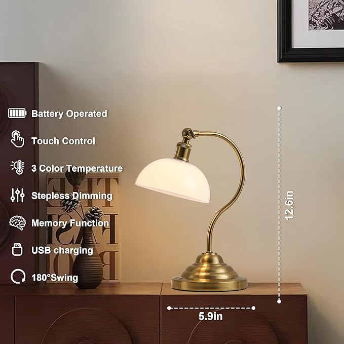 Cordless LED Table Lamp Set of 2, Battery Operated Desk Lamps with Swing Arm & Plastic Shade, Vintage Small Rechargeable Dimmable Light for Bedroom, Living Room, Nightstand, Brass/White