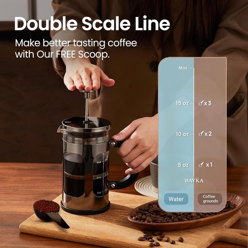 BAYKA French Press Coffee Maker - 21 Ounce Heat Resistant Borosilicate Glass | Dark Pewter Single Serve Brewer