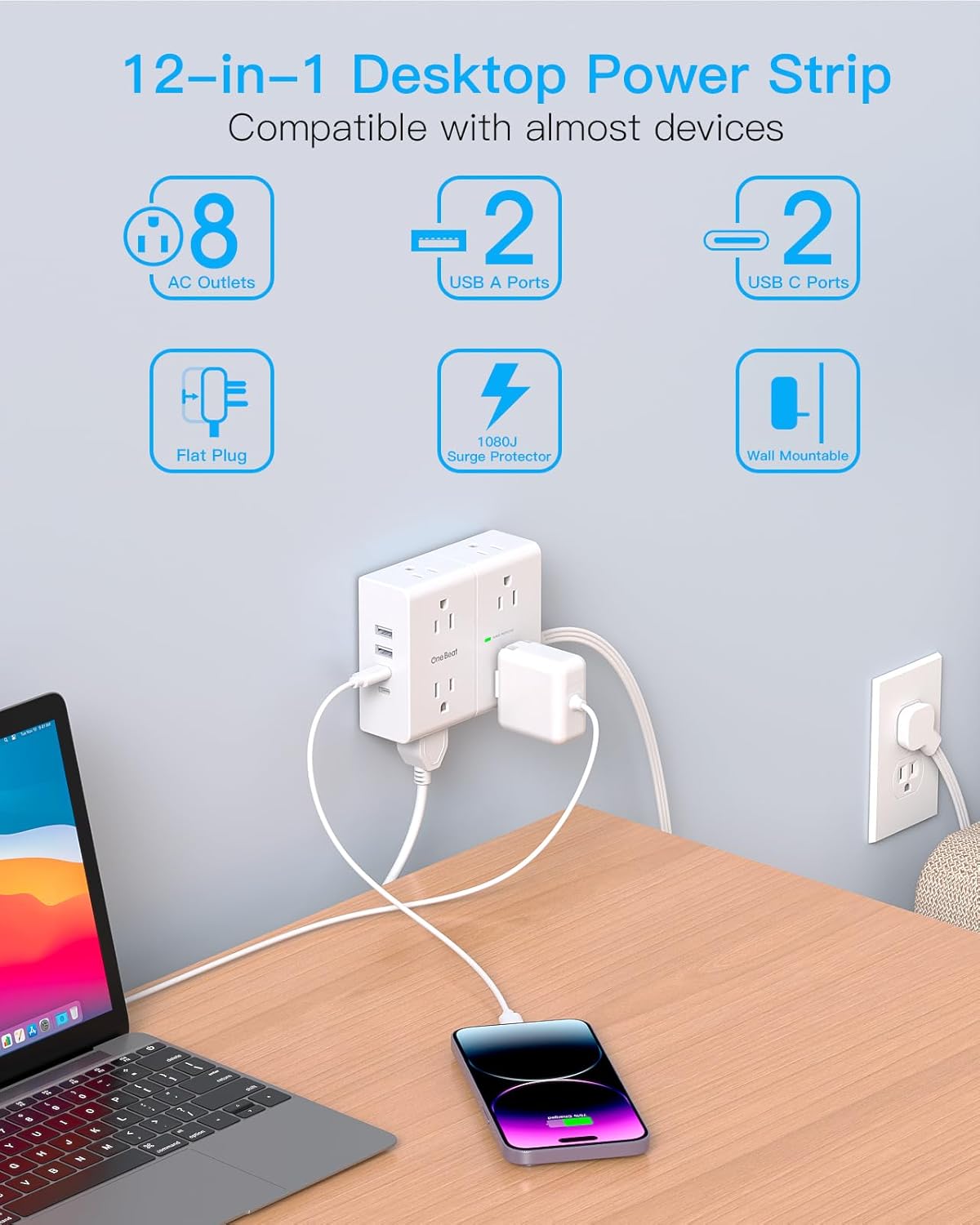 Skiennix Surge Protector Power Strip - 15 ft Cord with 8 Outlets & 4 USB Ports | Ideal for Home & Office