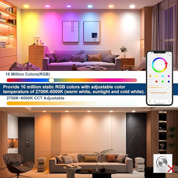 Black Smart Recessed Lighting 6 Inch RGBCW Color Changing 16W LED Downlight with Junction Box,1350 Lumen Recessed Ceiling Light Compatible with Alexa,Dimmable by Bluetooth Control -6Pack
