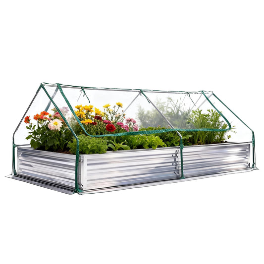 DUMOS 8x4x1ft Galvanized Raised Garden Bed with Cover, Planter Box Outdoor for Deep-Rooted Herbs/Flowers/Vegetables, Open Base Metal Garden Bed Mini Greenhouse for Patio/Balcony/Backyard, Silver