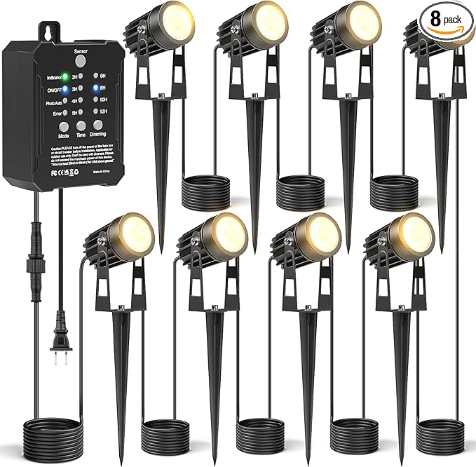 HIBOITEC Low Voltage Landscape Lighting with Transformer Photocell Sensor and Timer Spotlights Kit 68FT ETL Approved Wire Dimmable Waterproof 2700K for House Yard Trees Garden Plants Outdoor 8 Packs