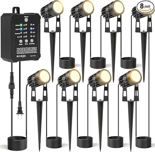 HIBOITEC Low Voltage Landscape Lighting with Transformer Photocell Sensor and Timer Spotlights Kit 68FT ETL Approved Wire Dimmable Waterproof 2700K for House Yard Trees Garden Plants Outdoor 8 Packs