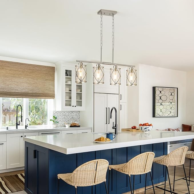 4-Light Kitchen Island Lighting, Modern Brushed Nickel Dining Room Light Fixtures with Clear Glass, Farmhouse Industrial Linear Chandelier Pendant Light with Adjustable Chain, CH9176BN-4IS