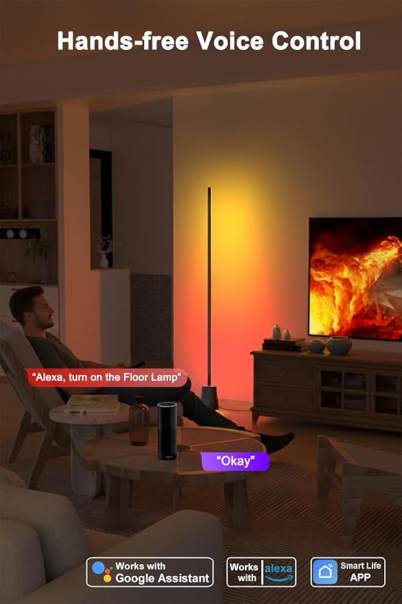 Smart LED Floor Lamp with Speaker & White Noise, RGBWWIC Standing Corner Lamp Work with Alexa Google Assistant, Music Sync, App Control,AI Recognition DIY Ambient Lighting for Bedroom Living Game Room