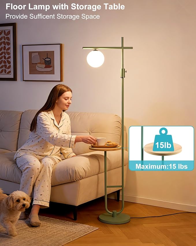 Lightdot Floor Lamps with Storage Table 66IN Black Dimmable, Modern Standing Tall Lamp with Milky White Globe Lampshade, Cross-Shaped Lamp Head and U-Pole Base Style for Living Room/Bedroom/Office