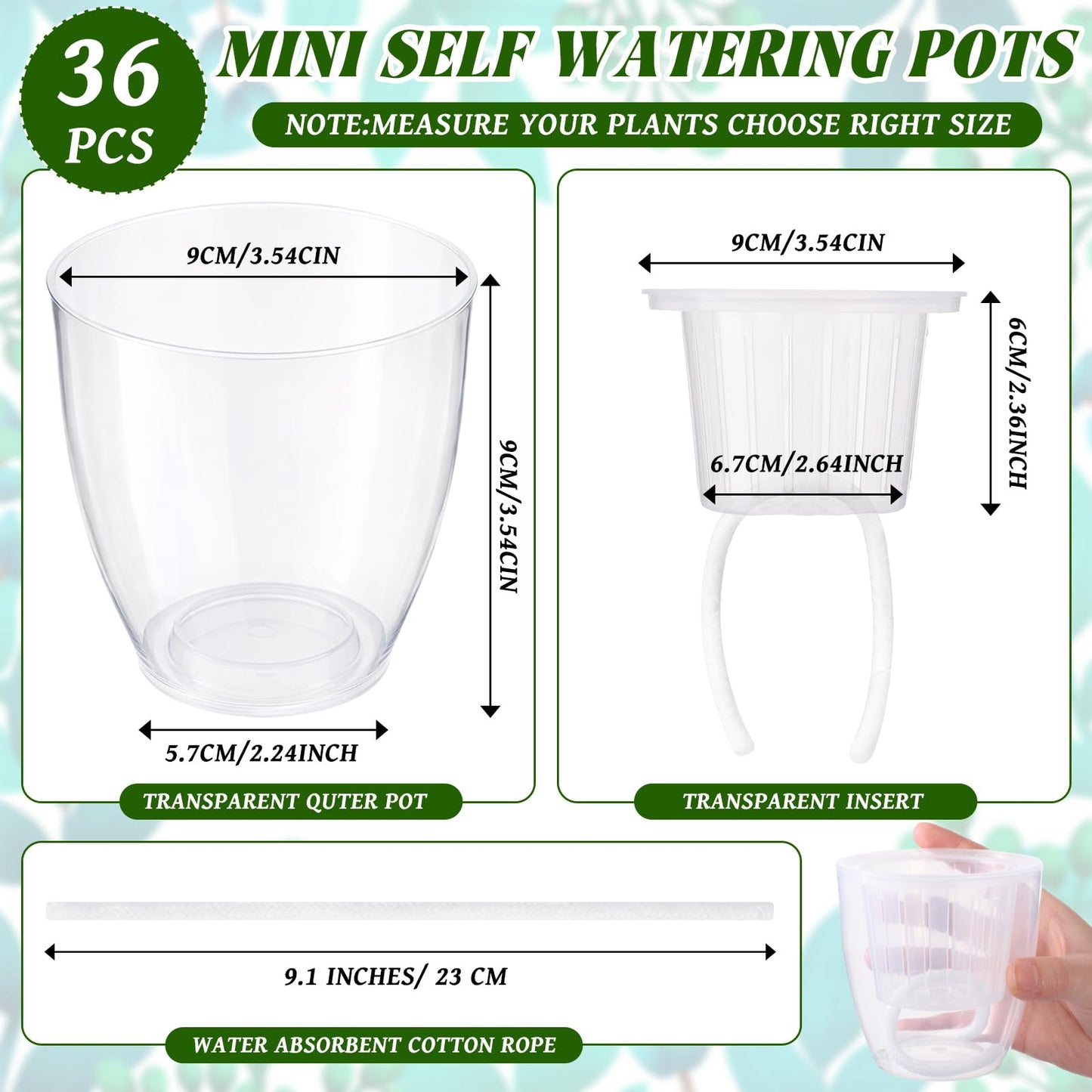 Ferrochef 36pcs Self Watering Pots, Plastic Plant Pot with Inner Pot Self Watering Wick Planter pots for Indoor House Plants, Flowers, Succulents (3.5inch,Transparent)
