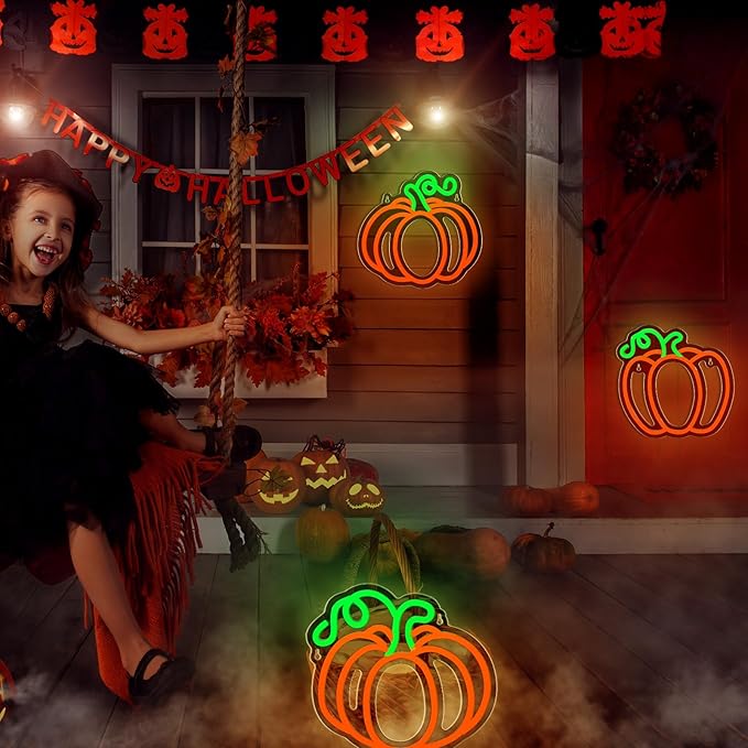 Treela 3 Pcs Fall Pumpkin Window Lights Halloween Neon Light Thanksgiving Neon Sign LED Light up Pumpkin Decor for Bedroom Home Kitchen Harvest Decorations