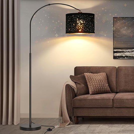 Modern Arc Floor Lamp, Tall Pole Lamp with Black Stars Lampshade, Arched Reading Light with Adjustable Lamp Head, Over Couch Hanging Light Corner Lamp for Living Room, Bedroom, Office, Black