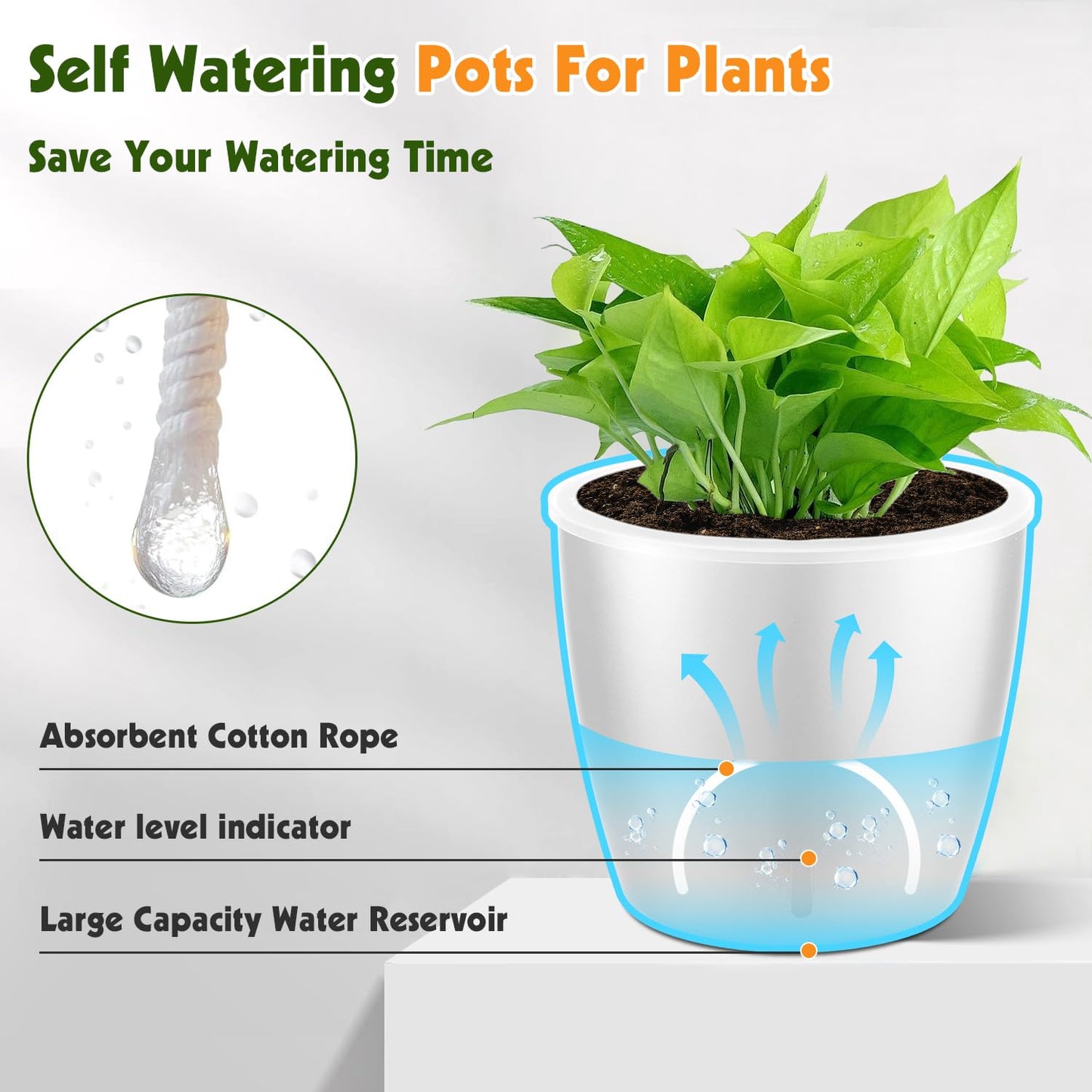 KvyusFlourish Self-Watering Pots for Indoor Plants, 8-Pack 6.7'' Self Watering Planter with Drainage Holes, Small African Violet Pots with Water Indicator, Clear Wick Pot, White