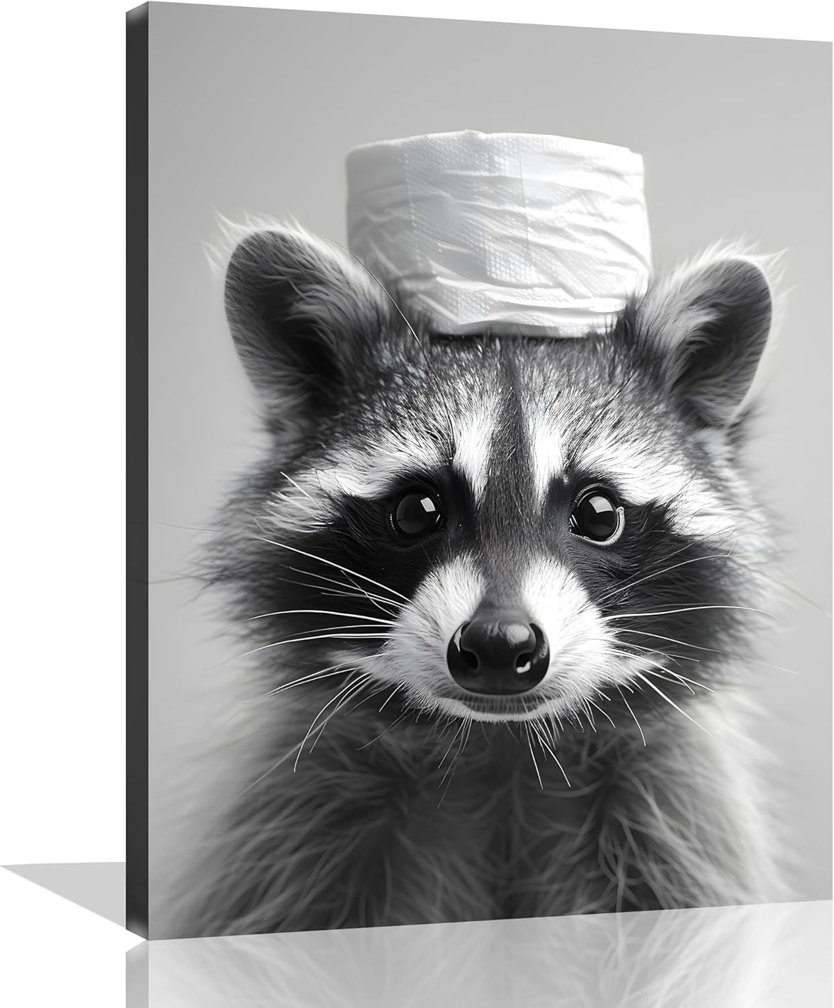 Raccoon Bathroom Wall Art - Funny Animal Canvas Print | Black & White Toilet Paper Decor | 8x10 Inch Framed