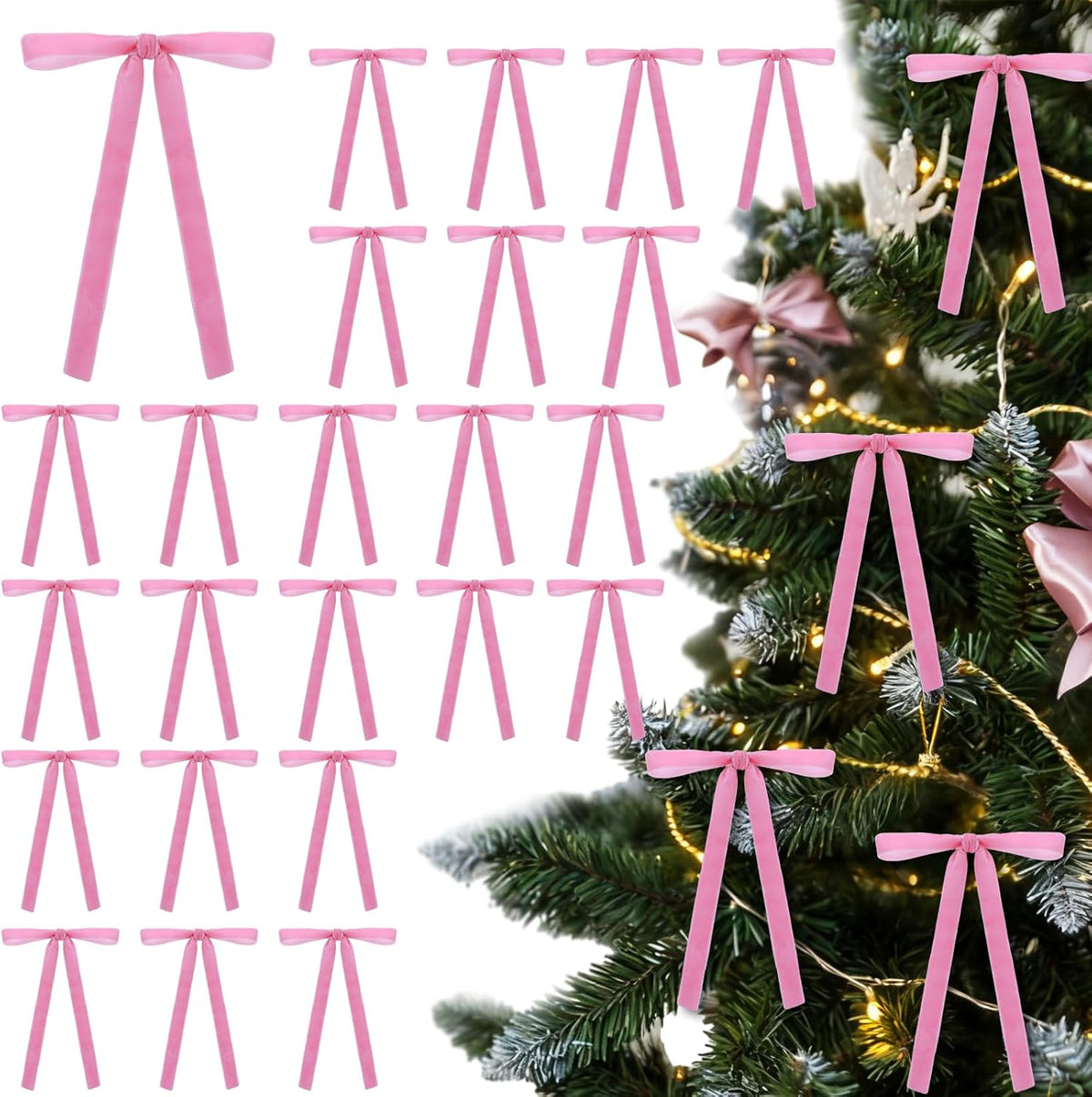 Regine Switzerland Pink Velvet Bows - 24 Pcs Christmas Tree Ornaments | Valentine's Day Garland Decor (5 x 7 Inch)
