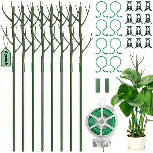 8 Pack Monstera Plant Support Stakes, 27.5inch Detachable Twig Plant Support Stakes with 12 Orchid Clips, 8 Twist Clips 65ft Twist Ties - Ideal Plant Stakes for Indoor Outdoor Plants