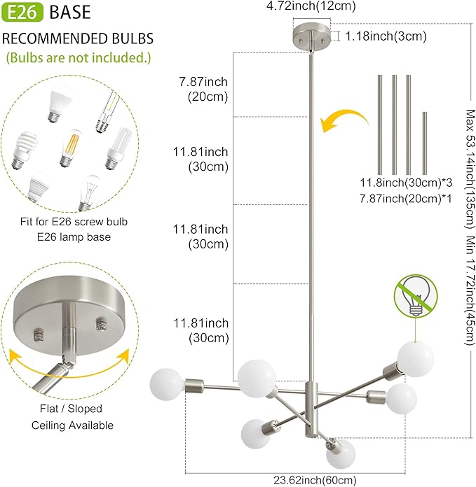 Sputnik Chandelier Modern Brushed Nickel Chandeliers 6-Light Mid Century Ceiling Lighting Fixture for Living Room, Kitchen, Bedroom, Dining Room, and Farmhouse (6-Light)